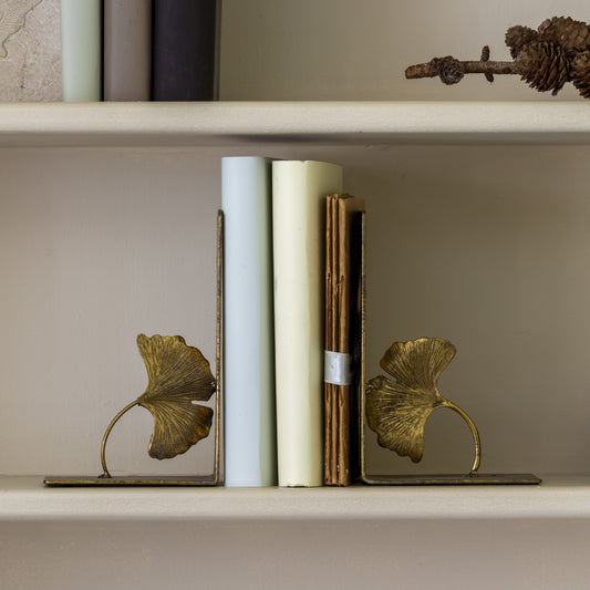 Antique gold lotus leaf bookends for elevated shelf styling or a thoughtful gift for booklovers from Little Wren Interiors