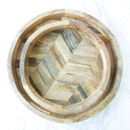 Stacked Round Herringbone Wood Tray Set of 2 with Handles