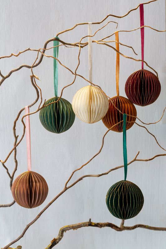 Beautiful handmade mixed colour set of 6 paper honeycomb Christmas tree decorations
