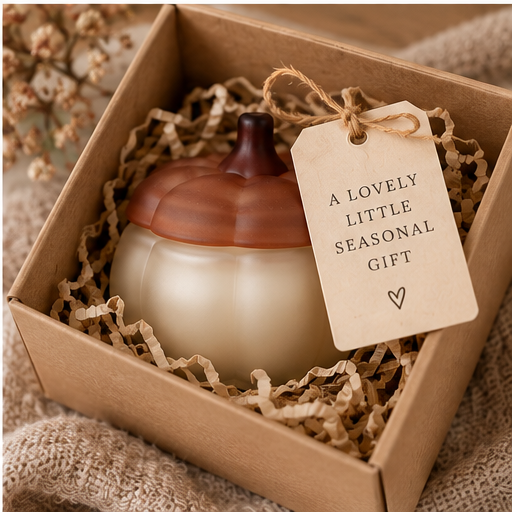 A frosted glass pumpkin-shaped candle in a kraft gift box with shredded paper filler and a hanging tag that reads 'A LOVELY LITTLE SEASONAL GIFT'.