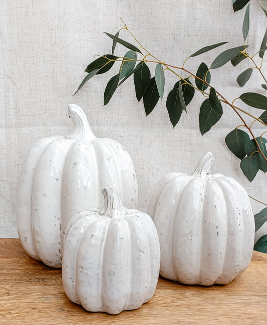 Three white textured pumpkins on a wooden surface with green leaves in the background.