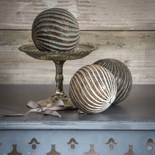 Whitewashed striped objet ball. On trend home decor accessory, perfect for bowls, trays and shelf styling. Add to a stack of books for insta perfect  living room interiors.  On trend home accessory - style your shelf in style. Modern country inspired accessory. Pretty home accessory.