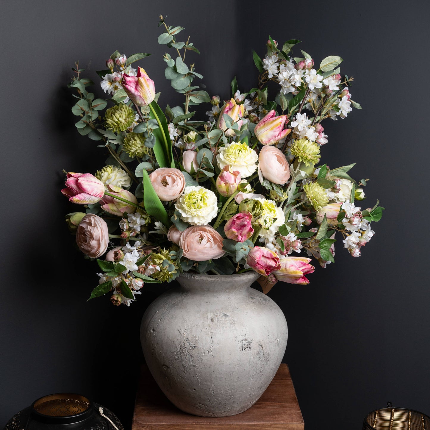 Perfect for rustic home interiors our Darcy stone textured vase. No Modern Country Interior would be complete without this vase as a statement piece. Picture is of rose, eucalyptus and peony bouquet in the Darcy vase by Little Wren Interiors