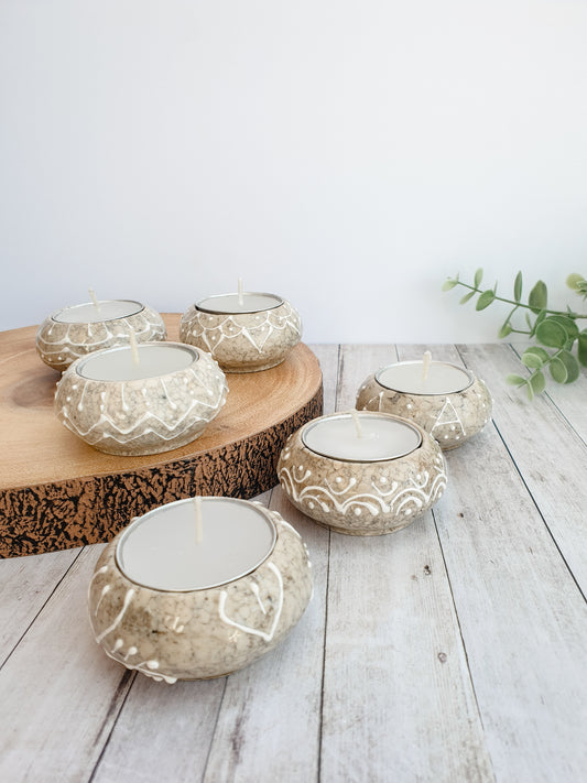Stone & Grey Crackle Glaze Tealight Holder Set (6)