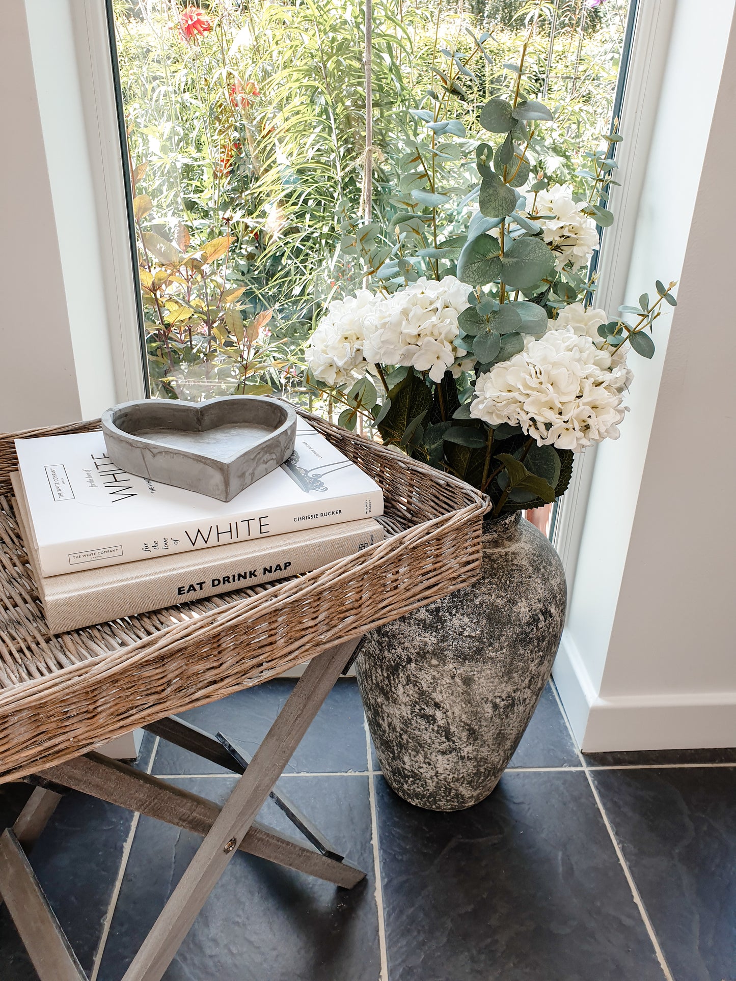 Folding butler tray table. Perfect home accessory for country & cottage interiors. Butler style tray with folding legs mean this portable tray table is perfect for small sapces, adding to a sofa end or using as a temporary bedside table. Handmade rustic finish in grey.