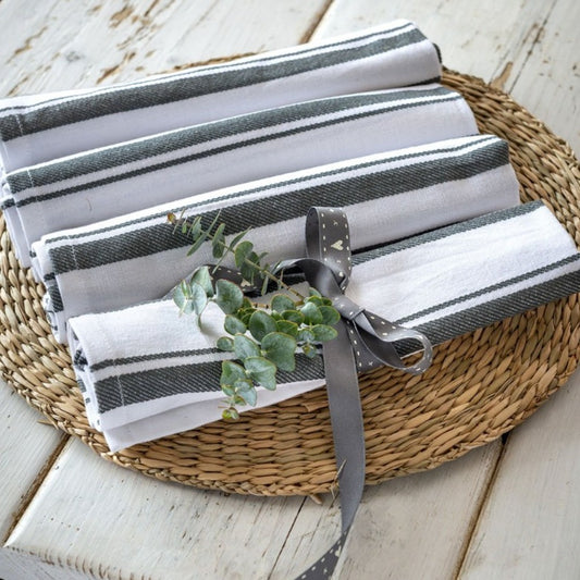 Charming grey & white ticking stripe 100% cotton napkins. Setting the perfect table all year round. Beautiful styled either in Hamptons or rustic farmhouse dining indoors. Spring, summer al fresco dining napkins. Perfect home accessory for kitchens, dining and entertaining Sold as a set of 4 Size: 50cm x 50cm 