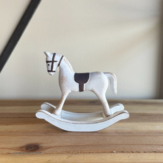 Pretty rustic rocking horse home decor accessory - perfect home accessory for nursery and shelf decor alike.  Supplied by Little Wren Interiors - rustic home accessories and gifts