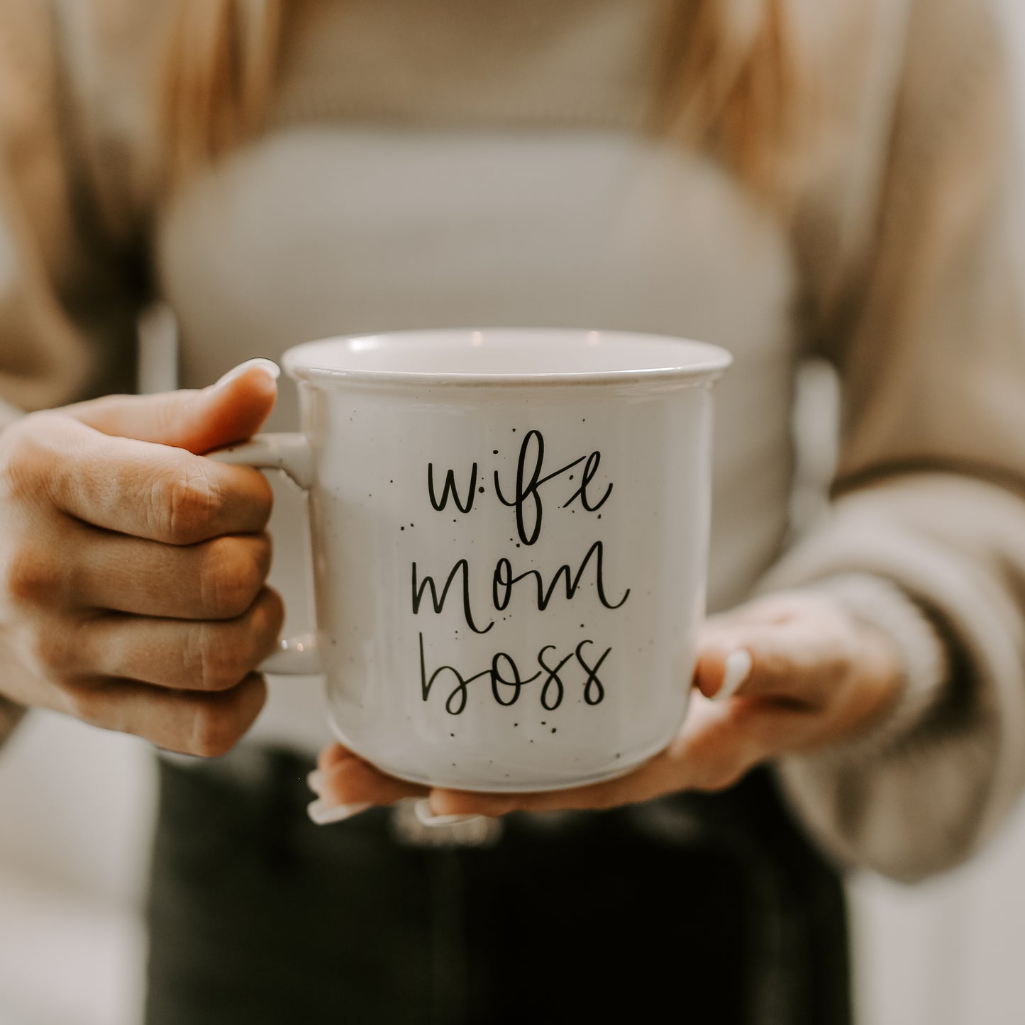 wife mom boss mug shown with nutral backdrop. perfect for matching into any home decor scheme and celebrating women