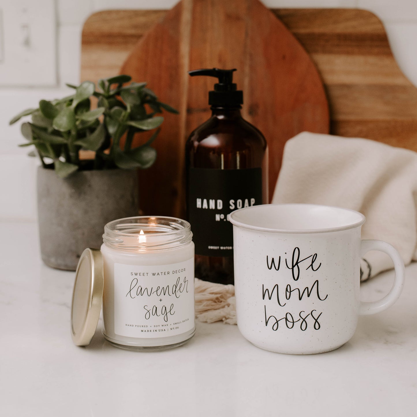 wife mom boss mug in rustic kitchen decor styled image