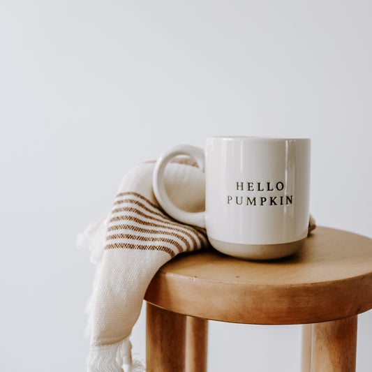Our favourite mug of the autumn season. Hello Pumpkin stoneware mug shown here is the perfect gift this autumn.  Easily update your home styling with a seasonal mug like this, hello Pumpkin mug from Little Wren Interiors