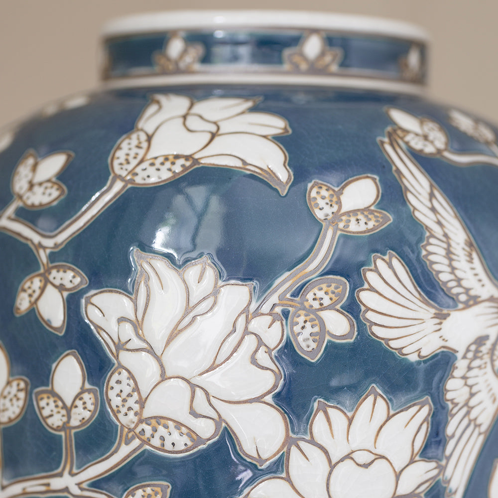 Beautiful close up of blue and white vase Add a pop of colour to your home decor. Beautifully detailed vase featuring birds and flowers in a glorious deep blue with white detailing. Perfect for console styling or mantel piece styling this vase works through the seasons | Blue and white vase | Vase for flowers | Large Ceramic Vase  | Vase for hydrangeas, flowers, peonies