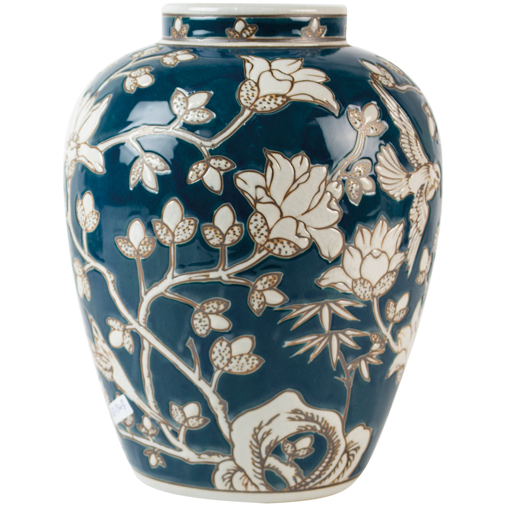 Add a pop of colour to your home decor. Beautifully detailed vase featuring birds and flowers in a glorious deep blue with white detailing. Perfect for console styling or mantel piece styling this vase works through the seasons | Blue and white vase | Vase for flowers | Large Ceramic Vase  | Vase for hydrangeas, flowers, peonies
