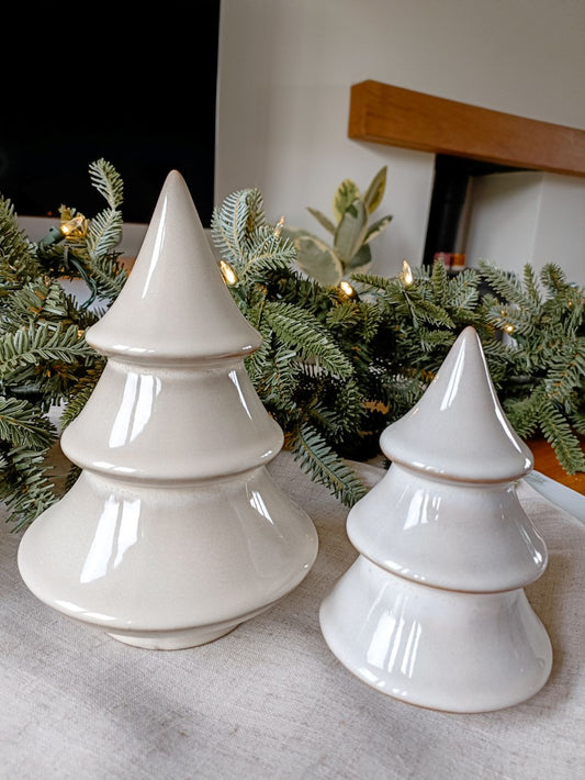 Neutral toned ceramic glazed pair of Christmas trees