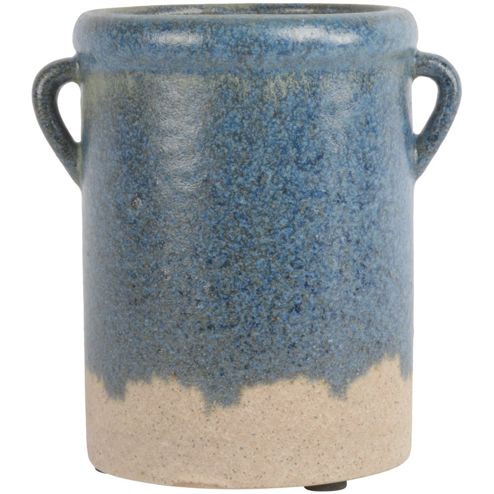 Stunning dipped ceramic utensil jar for subtle rustic kitchen styling. With eared handle detail and unique glaze finish. Perfect for holding utensils on the kitchen counter or pretty flowers around the home. | Rustic jar | Utensil holder | Modern Country Home Accessory | Rustic Home Accent bu Little Wren Inteirors