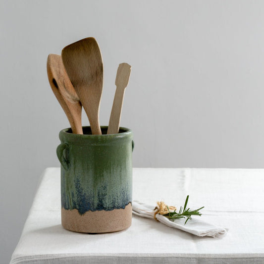Stunning dipped ceramic utensil jar for subtle rustic kitchen styling. With eared handle detail and unique glaze finish. Perfect for holding utensils on the kitchen counter or pretty flowers around the home. | Rustic jar | Utensil holder | Modern Country Home Accessory | Rustic Home Accent bu Little Wren Interiors