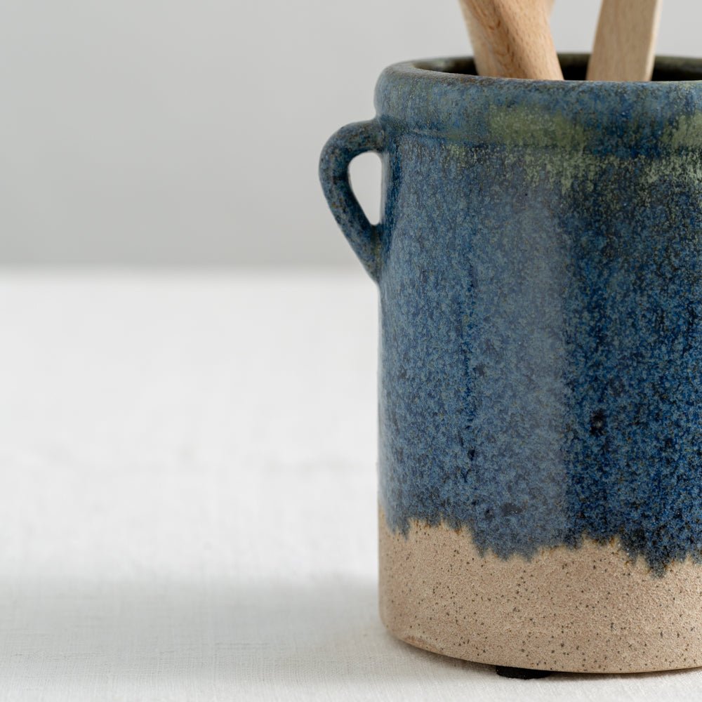 Stunning dipped ceramic utensil jar for subtle rustic kitchen styling. With eared handle detail and unique glaze finish. Perfect for holding utensils on the kitchen counter or pretty flowers around the home. | Rustic jar | Utensil holder | Modern Country Home Accessory | Rustic Home Accent