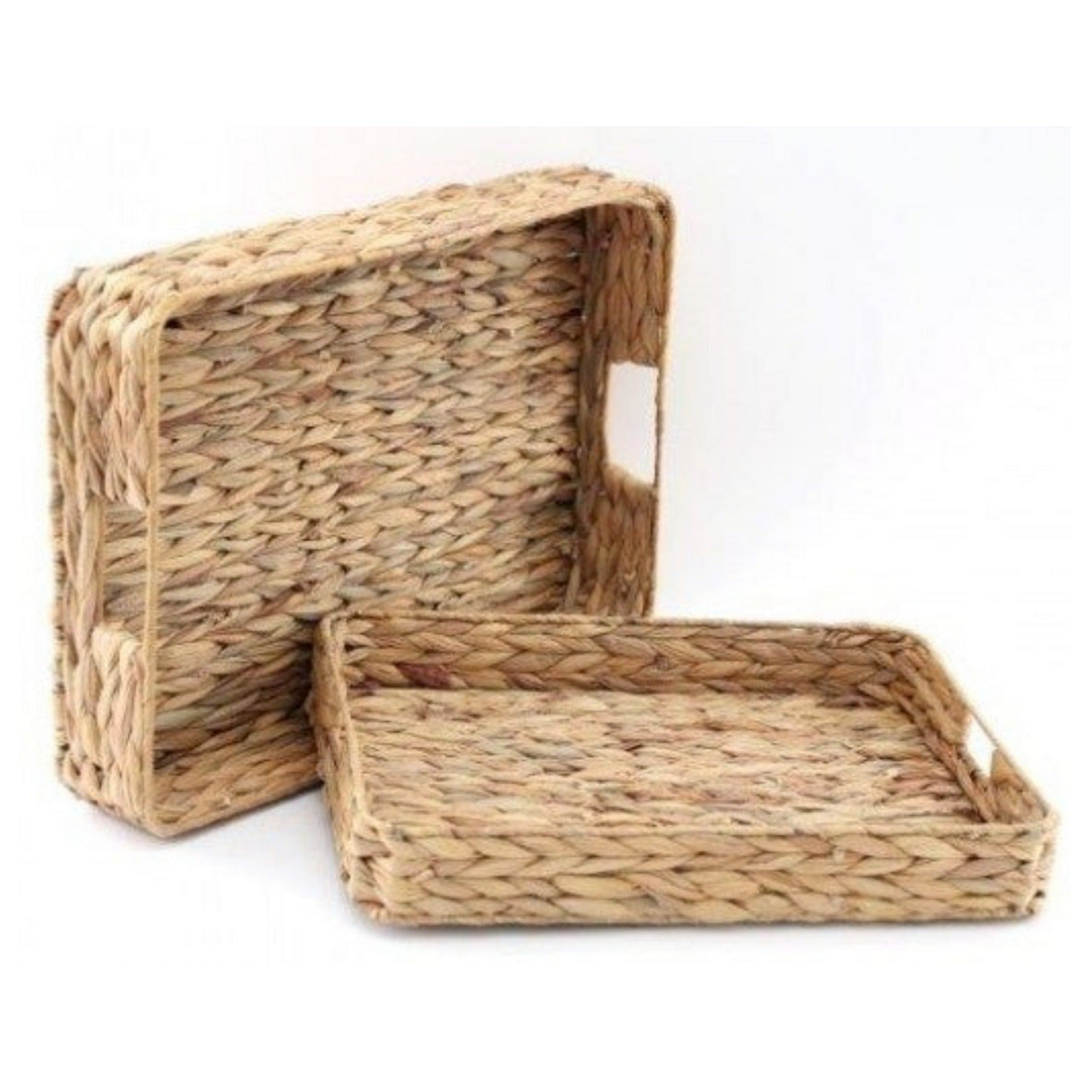 set of 2 wicker trays. Large weave wicker trays perfect for serving or use as display items. Modern country and rustic home interior staples