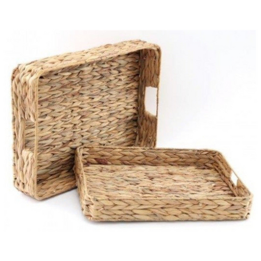 set of 2 wicker trays. Large weave wicker trays perfect for serving or use as display items. Modern country and rustic home interior staples 