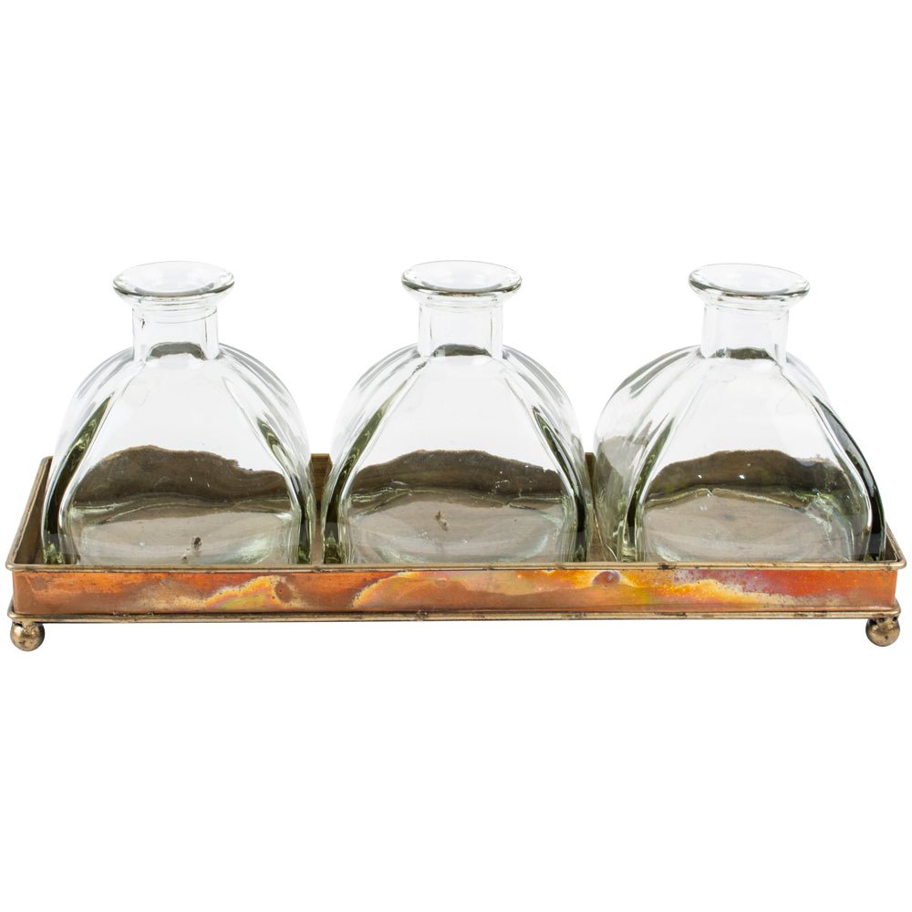 Glass stem vases in copper tray.  Perfect elegant modern country stem vase home accessory. from Little Wren Interiors
