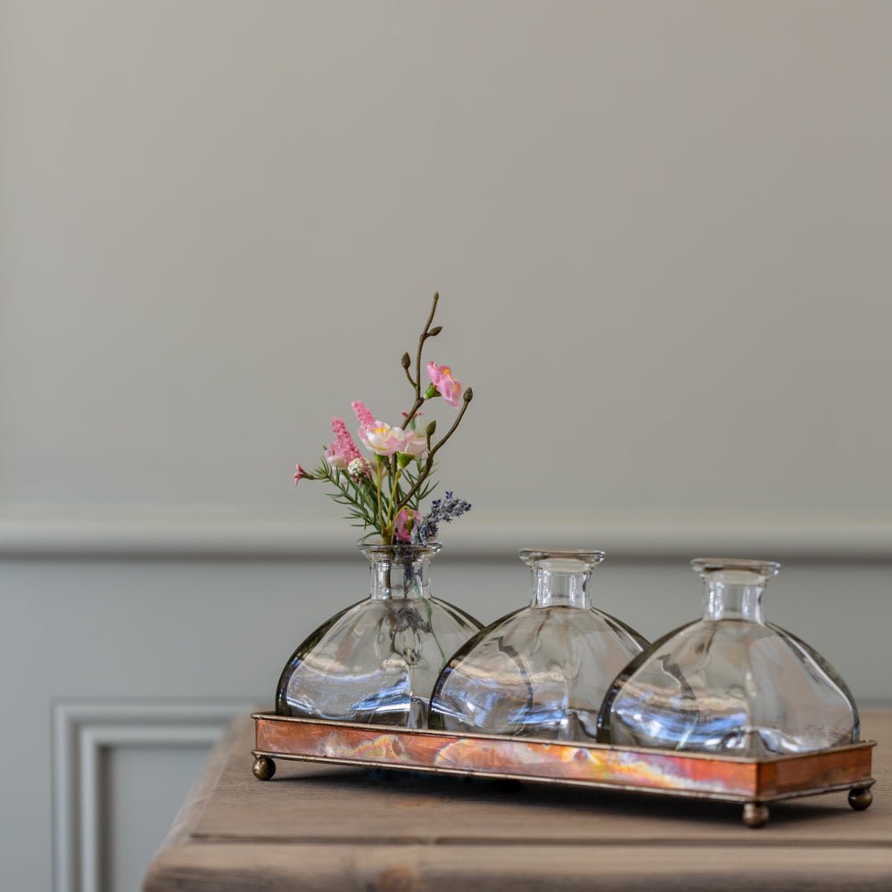 Glass stem vases in copper tray.  Perfect elegant modern country stem vase home accessory. from Little Wren Interiors