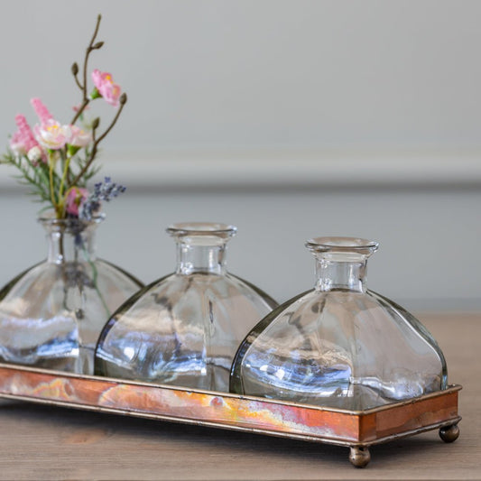 Glass stem vases in copper tray.  Perfect elegant modern country stem vase home accessory. from Little Wren Interiors