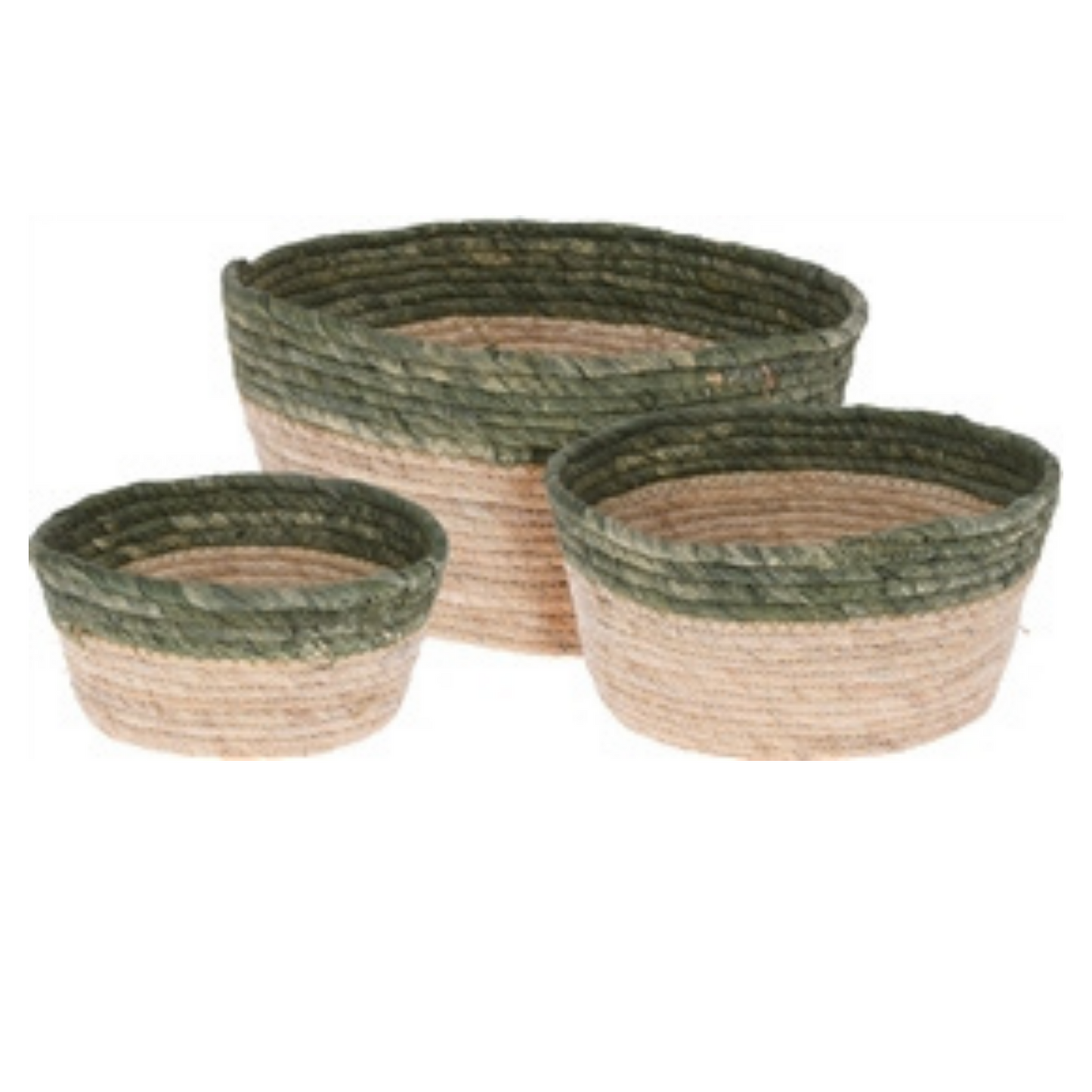 Olive trimmed straw basket set. perfect storage baskets for on trend blanket storage. by Little Wren Interiors