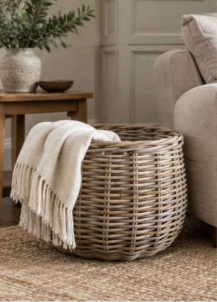 Kubu apple catcher style rattan blanket / log basket with finger holes