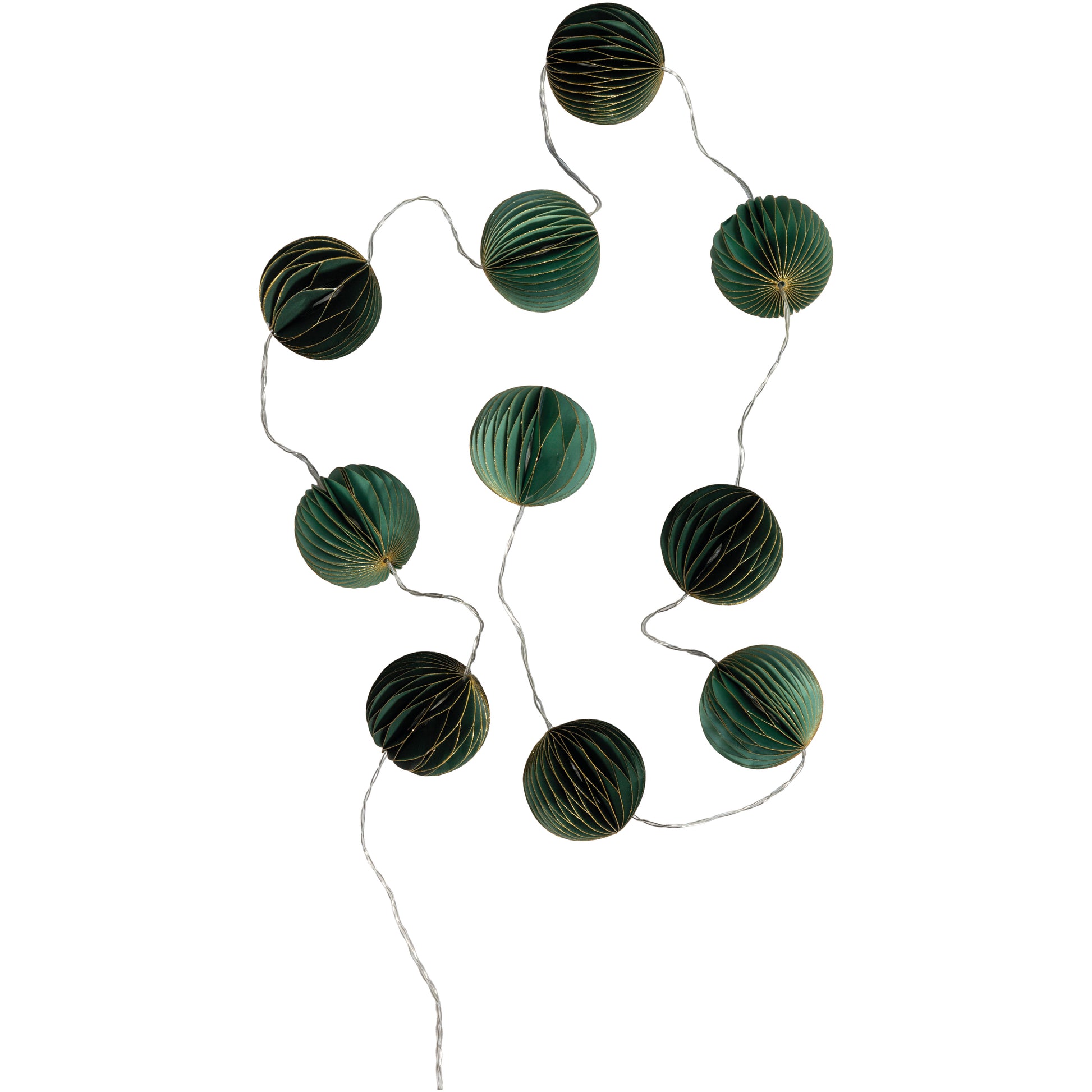 Full string of lights with green paper baubles and gold glitter edges - perfect for adding a contemporary twist to your Christmas decor