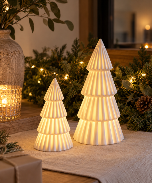 Two glowing Christmas tree-shaped table lamps made of pleated ceramic, displayed on a table runner with holiday greenery and warm string lights in the background.