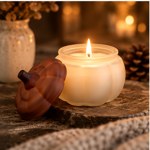 A lit cream-colored candle in a ribbed pumpkin-shaped glass jar sits on a rustic stone surface, with a matching brown lid resting beside it. The background is softly blurred with warm bokeh lights, a pinecone, and a ceramic vase.