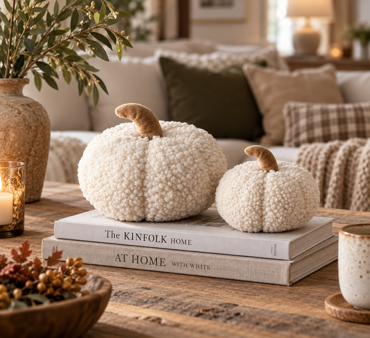 Two cream bouclé decorative pumpkins with tan faux-stem handles displayed on stacked books on a wooden table in a cozy living room setting.