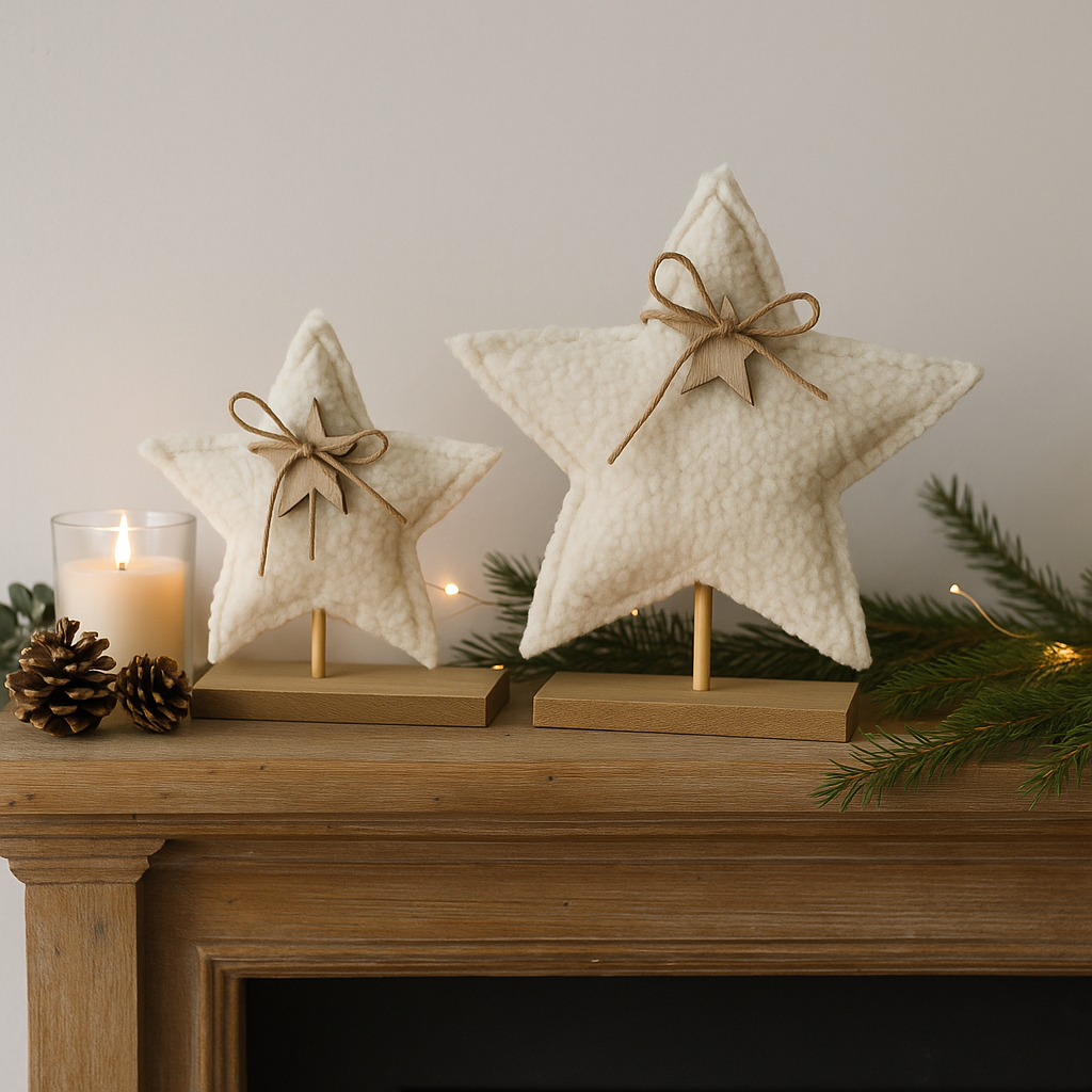Two star-shaped sherpa decorative items on a wooden mantel with a candle and pinecones.