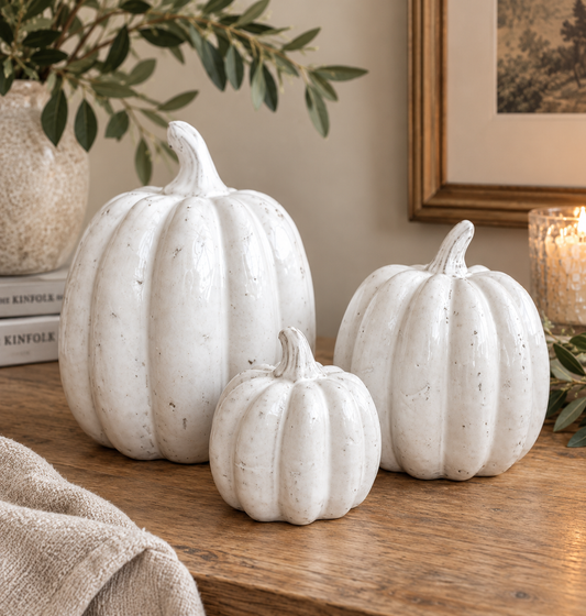 Three white faux pumpkin decorative sculptures of different sizes arranged on a wooden table in a styled home setting with a candle, framed picture, and books in the background.