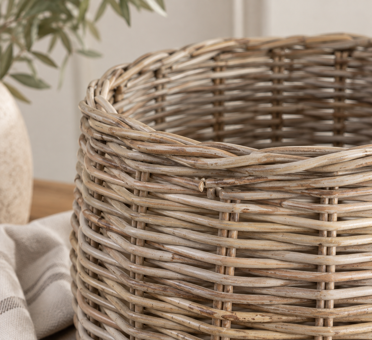Kubu apple catcher style rattan blanket / log basket with finger holes