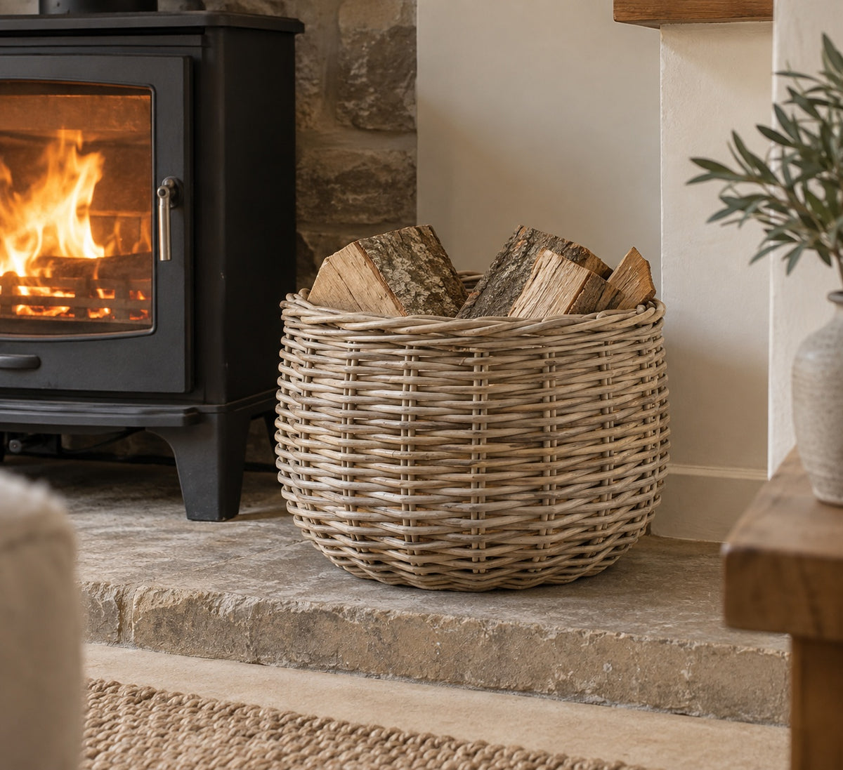 A round natural wicker basket filled with firewood logs, placed on a stone hearth next to a black wood-burning stove in a cozy indoor setting.