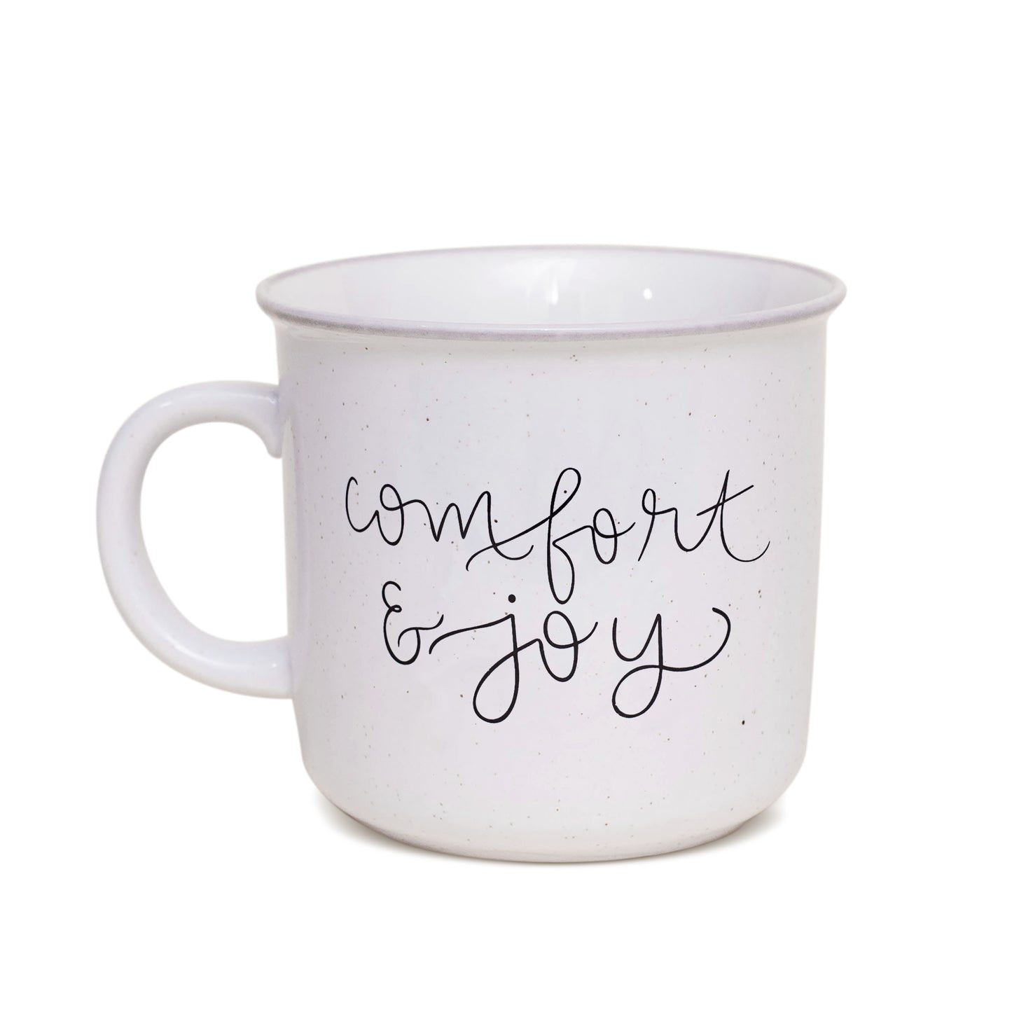 Comfort and Joy script lettered ceramic campfire mug front view