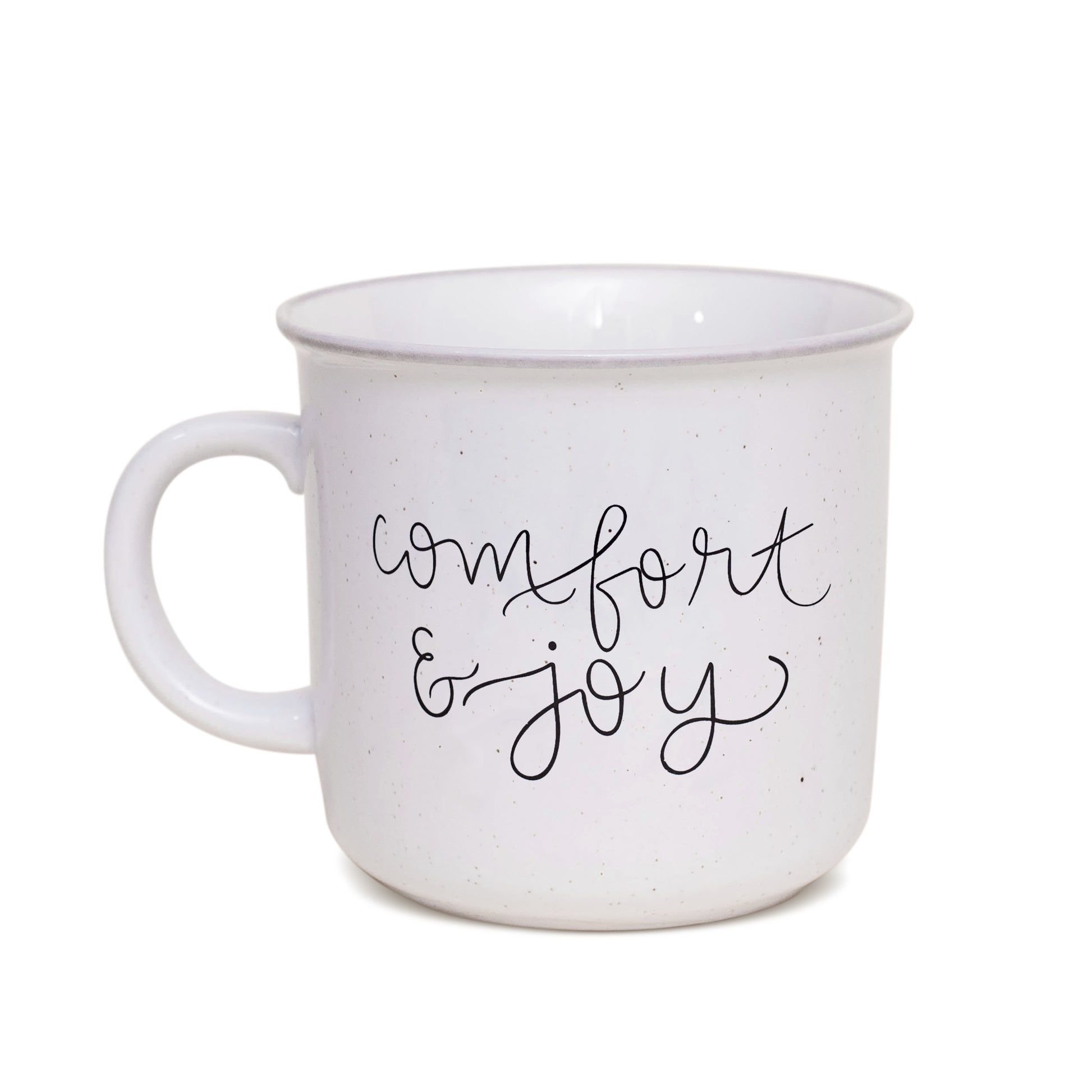 Comfort and Joy script lettered ceramic campfire mug front view