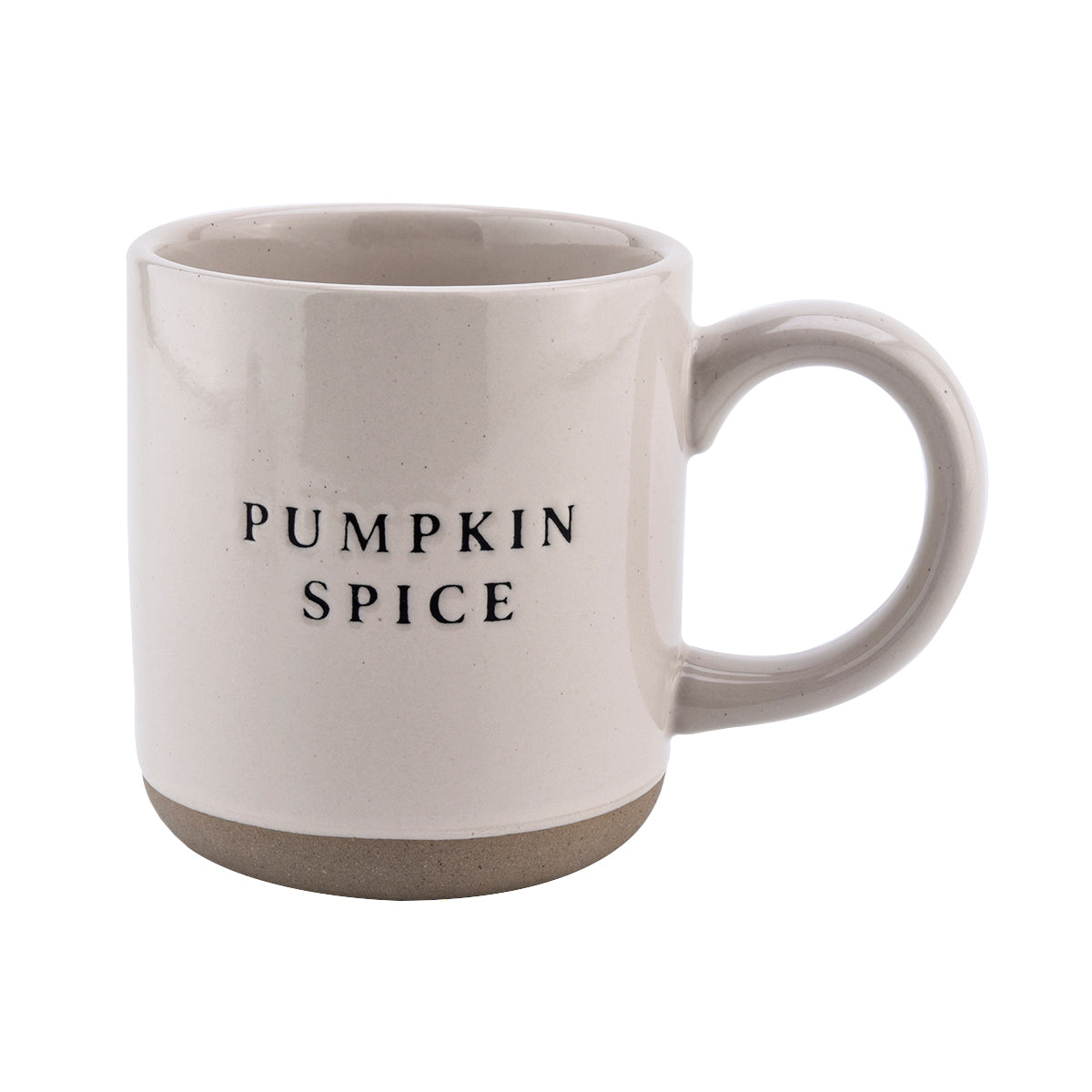 second side view of neutral tones stone mug with pumpkin spice lettering 