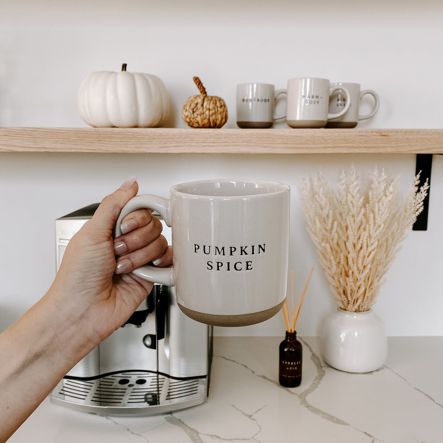 Pumpkin Spice mug shown in autumnal kitchen setting