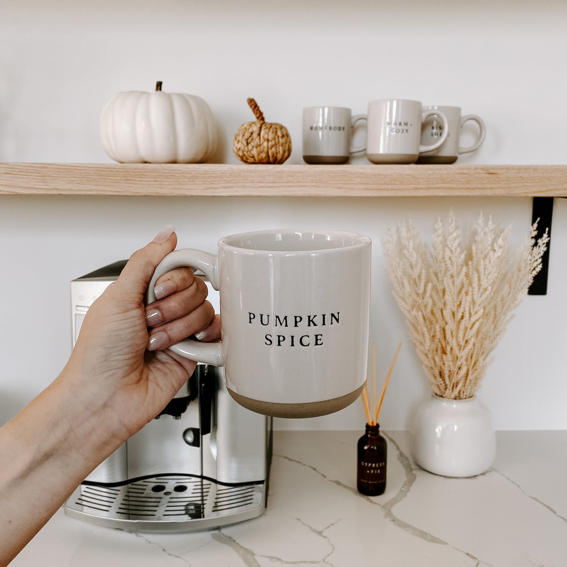 Pumpkin Spice mug shown in autumnal kitchen setting