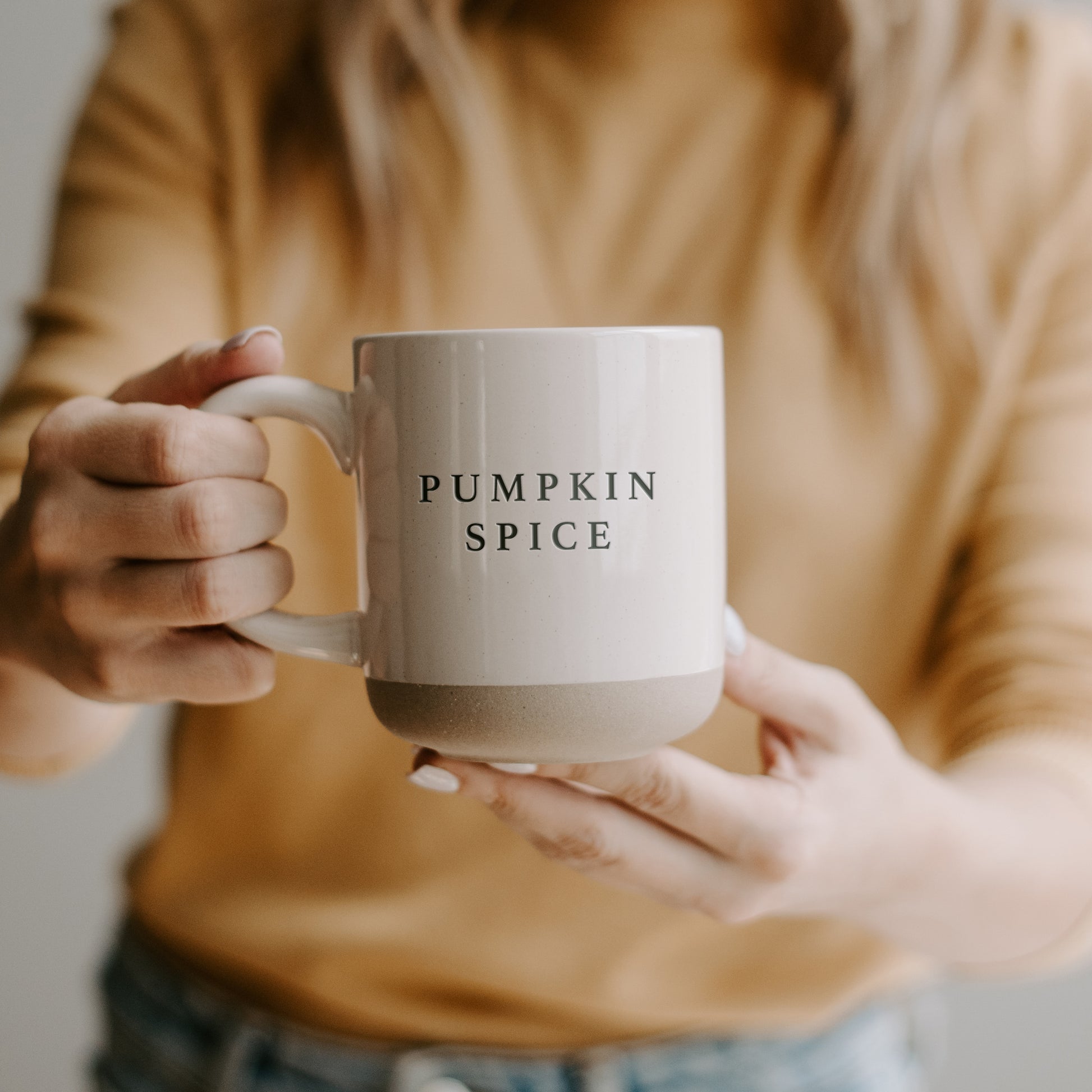 Pumpkin Spice Mug in hands, autumn home decor inspired natural tone mug