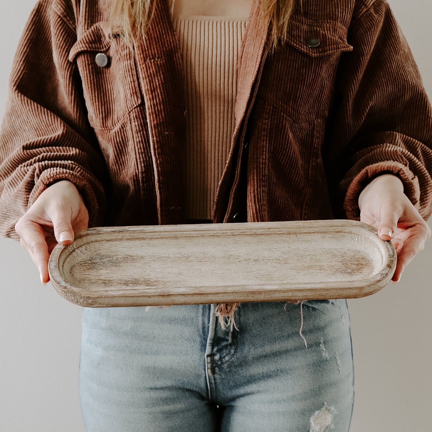 Rustic oval wood tray, for home styling. Perfect modern country home accessory