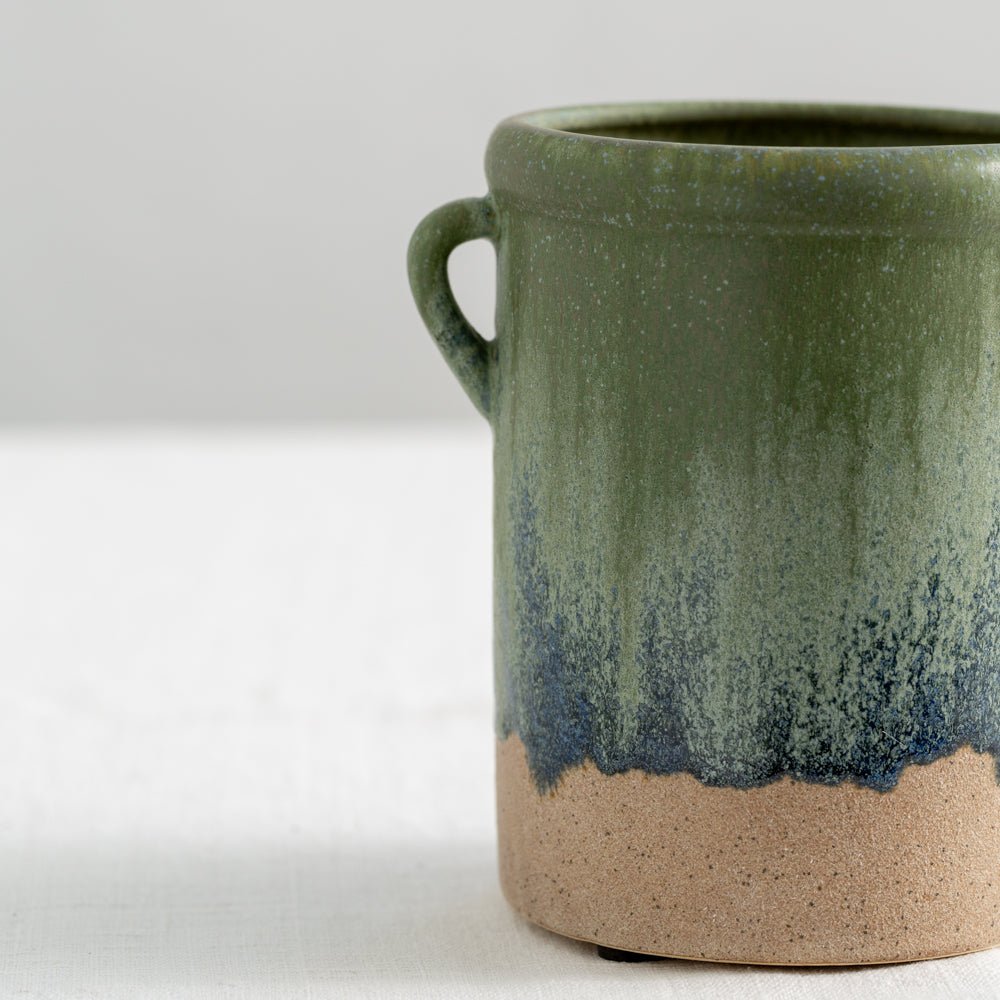 Stunning dipped ceramic utensil jar for subtle rustic kitchen styling. With eared handle detail and unique glaze finish. Perfect for holding utensils on the kitchen counter or pretty flowers around the home. | Rustic jar | Utensil holder | Modern Country Home Accessory | Rustic Home Accent