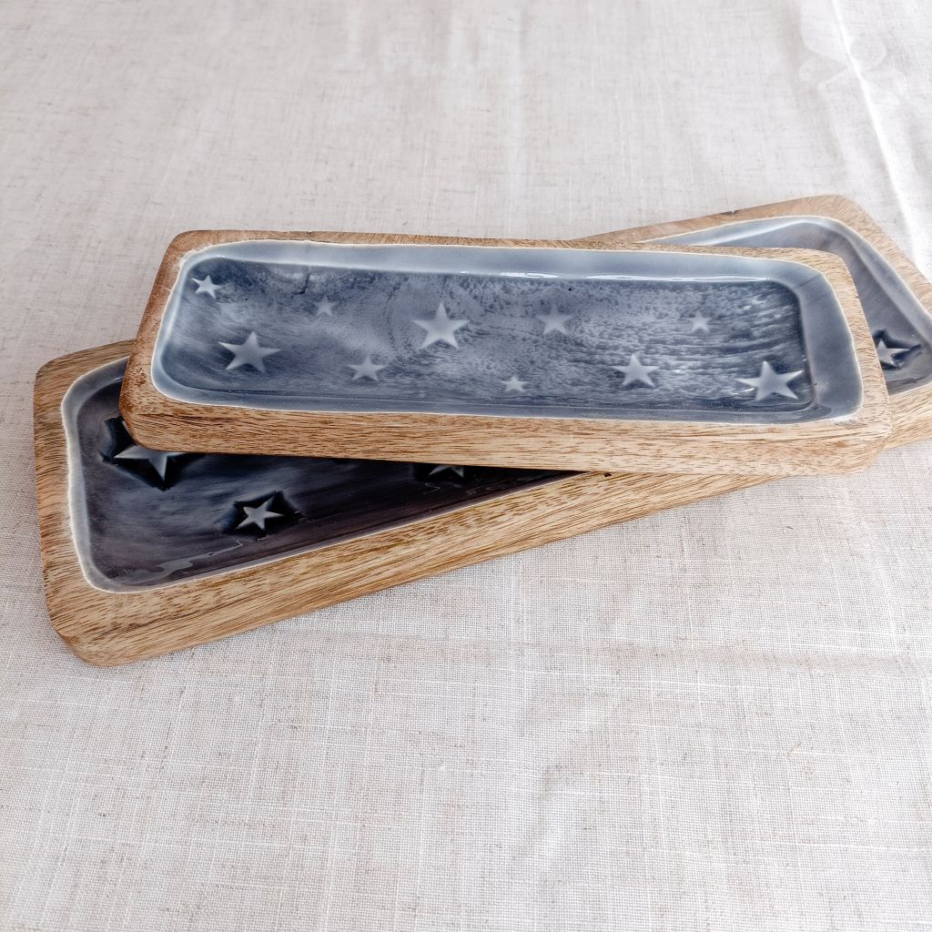 top view of decorative wood trays showing mango wood grain and glazed inlay